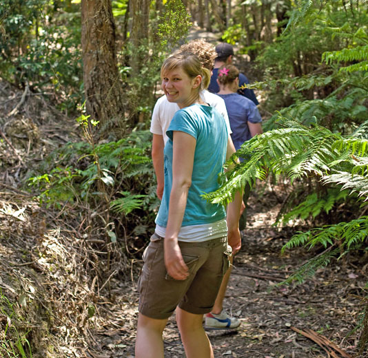 Line of bushwalkers with the girl in the back turned to look back at the photographer